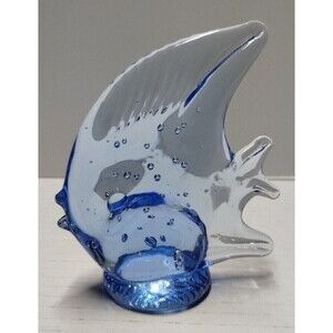 Blown Glass Blue Angel‎ Fish Figurine paper weight. Controlled Bubble 4" tall
